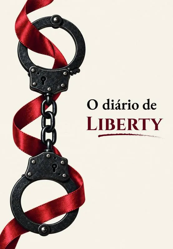 Capa de O Diário de Liberty, com algemas pretas e fita vermelha sobre fundo claro